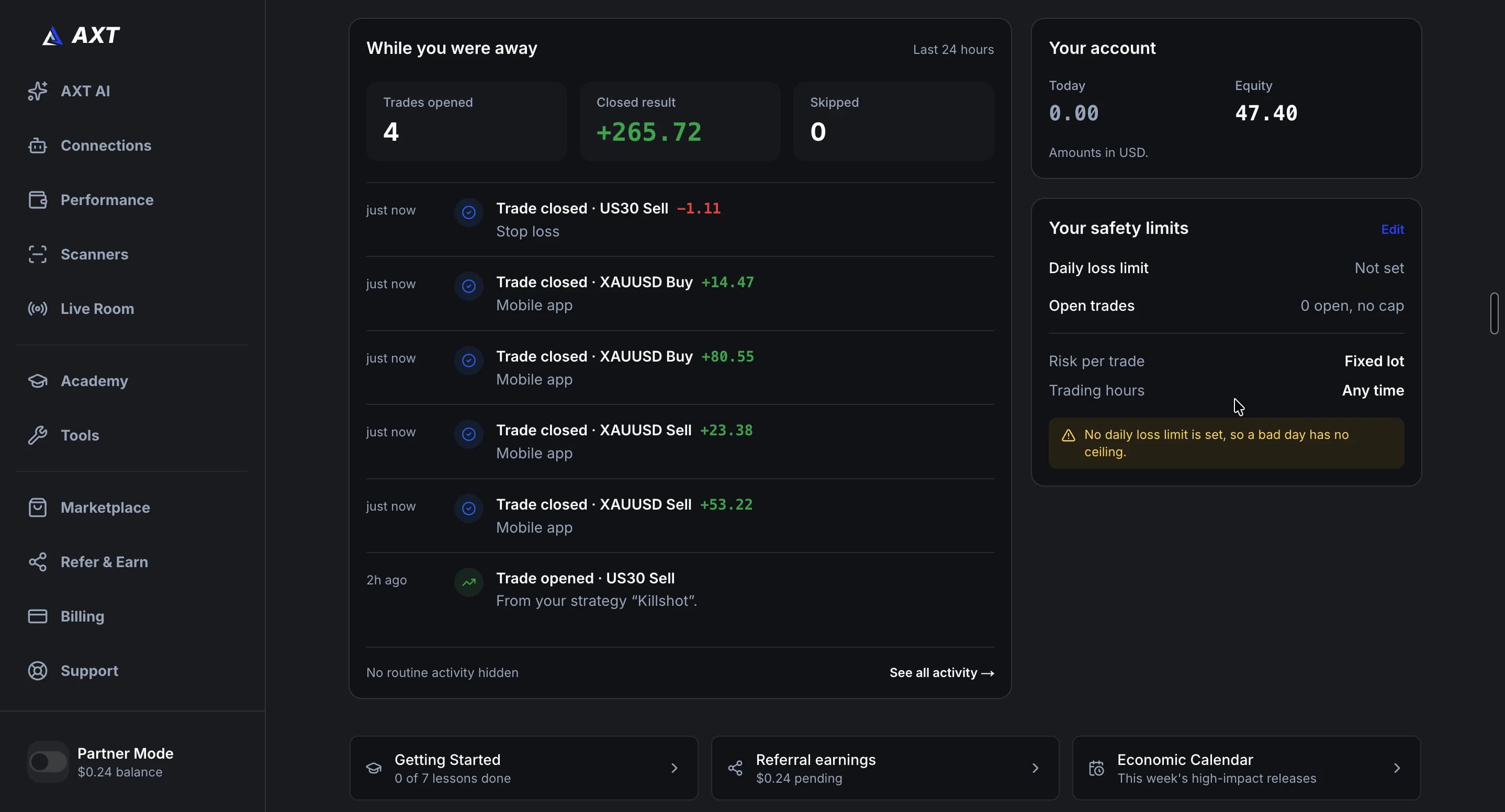 The AXT member dashboard: what happened while you were away, your account, and your safety limits in one view